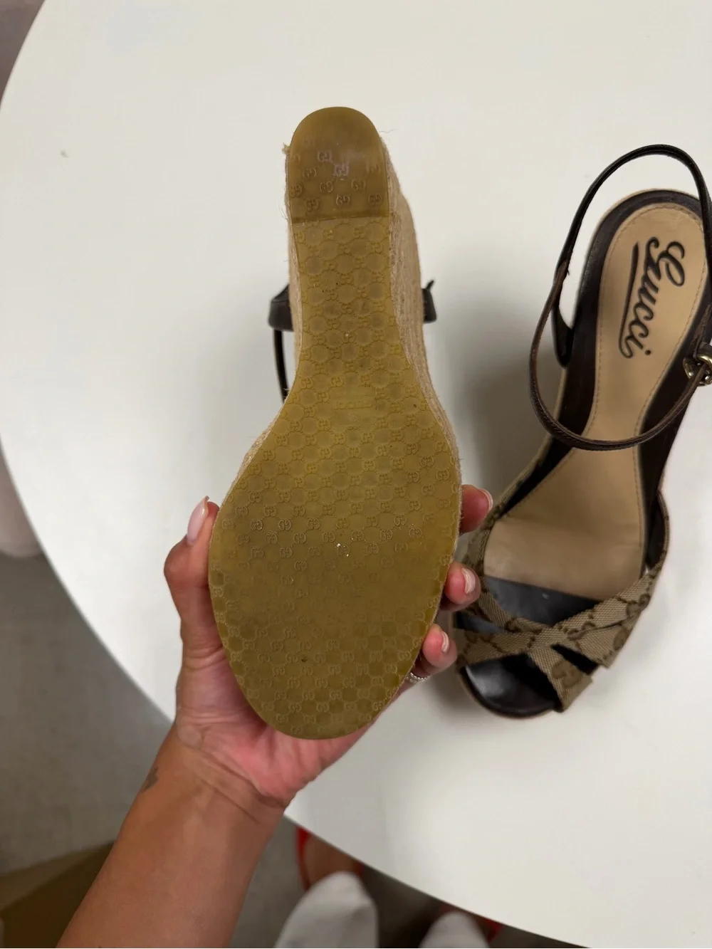 Gucci Beige/Brown Monogram Espadrille Wedge Sandals